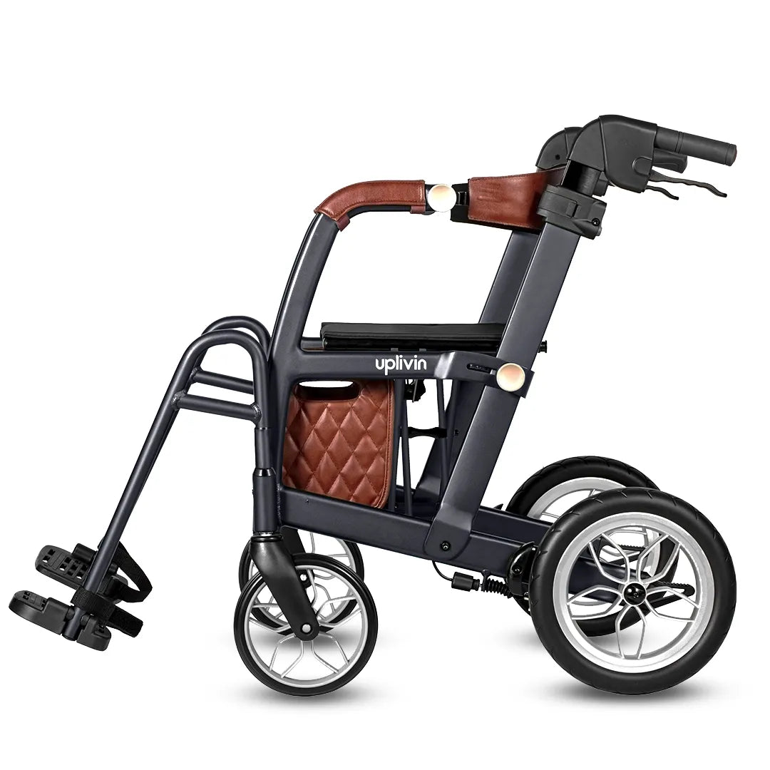Vista lateral del andador de 4 ruedas con ruedas traseras de 30 cm para facilitar la maniobrabilidad en superficies diversas dortomedical