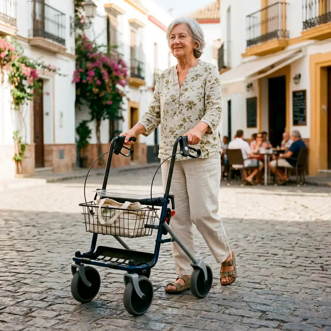 Mujer utilizando el andador de 4 ruedas con plegado compacto para un fácil almacenaje en el hogar dortomedical