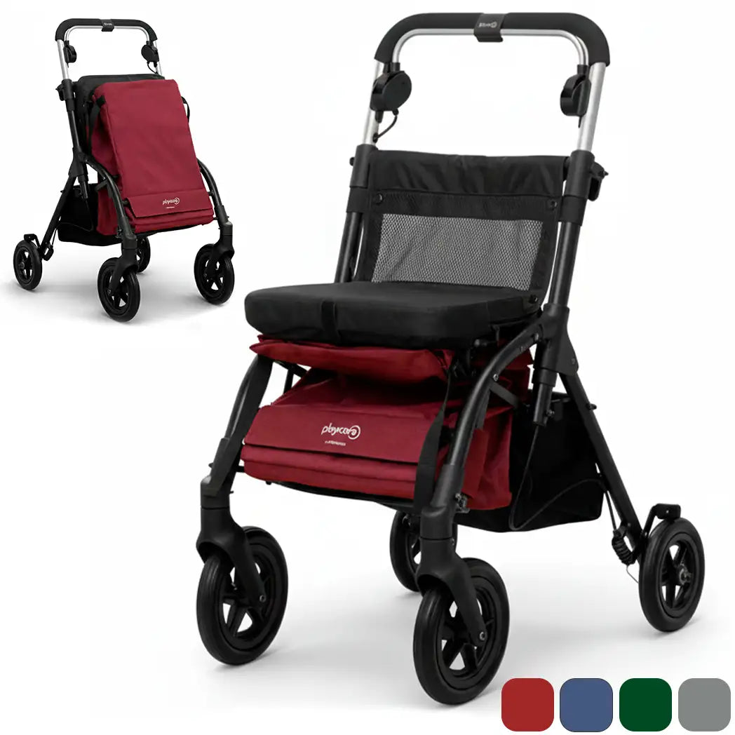 Vista del andador de adultos y carro de la compra con asiento acolchado muy confortable para parar cuando el usuario está cansado dortomedical
