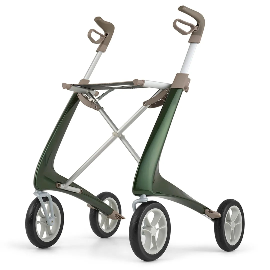 Andador de cuatro ruedas Carbon Ultralight de fibra de carbono para adultos que destaca por su ligereza extrema (4,8 kg) y diseño moderno, ideal para la movilidad diaria.