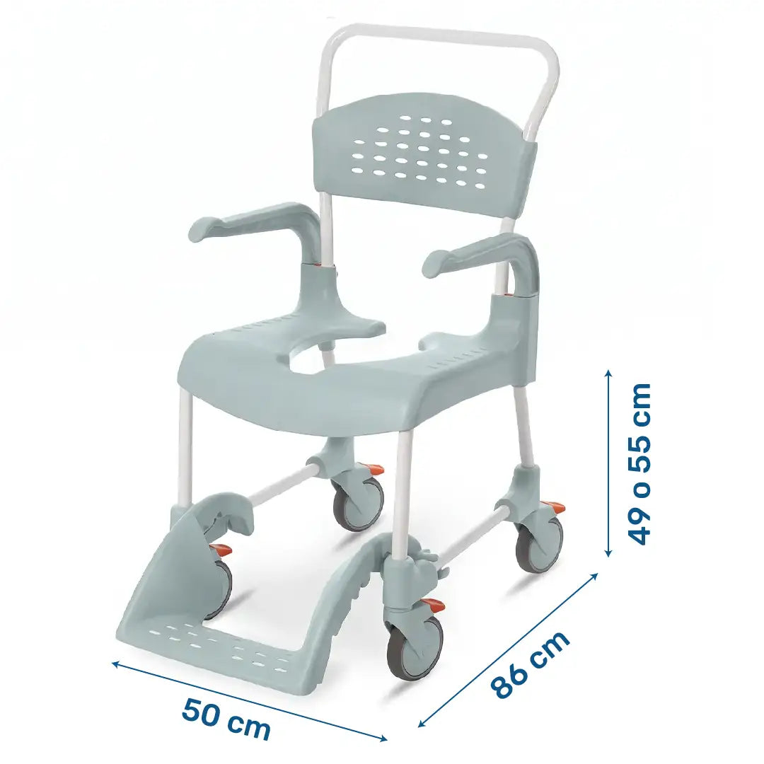 Dimensiones de la illa para ducha y WC Etac CLEAN con reposapiés ergonómicos para mayor comodidad dortomedical