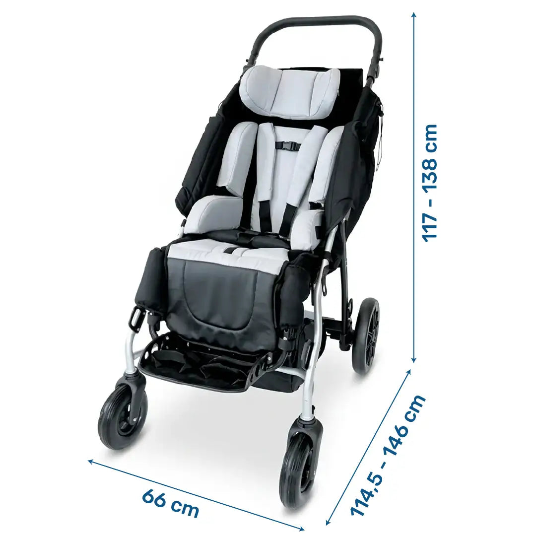 Dimensiones de la silla de paseo ortopédica infantil con firmeza de respaldo ajustable según usuario dortomedical