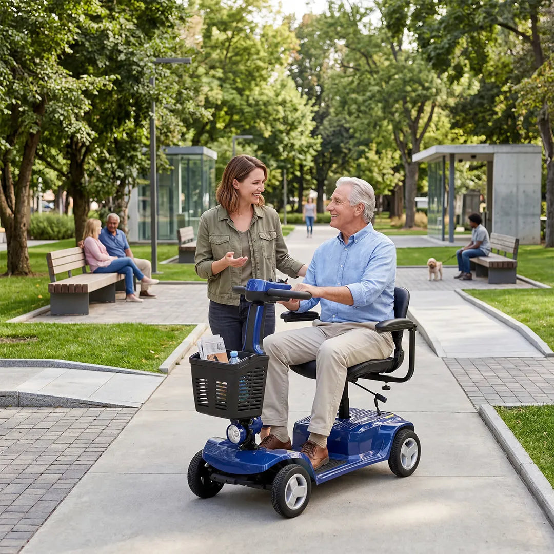 Un hombre mayor conduce un scooter de movilidad eléctrico de 4 ruedas para exteriores por un sendero pavimentado en un parque, mientras socializa con una mujer dortomedical