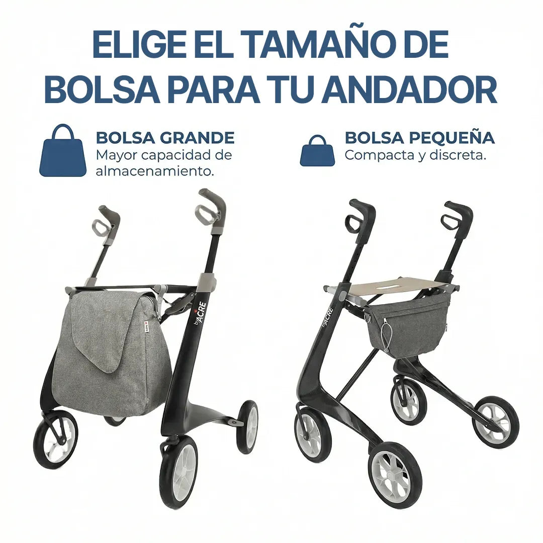 infografía del andador con bolsa de almacenamiento gratis y asiento para que el cliente elija entre las 2 opciones dortomedical