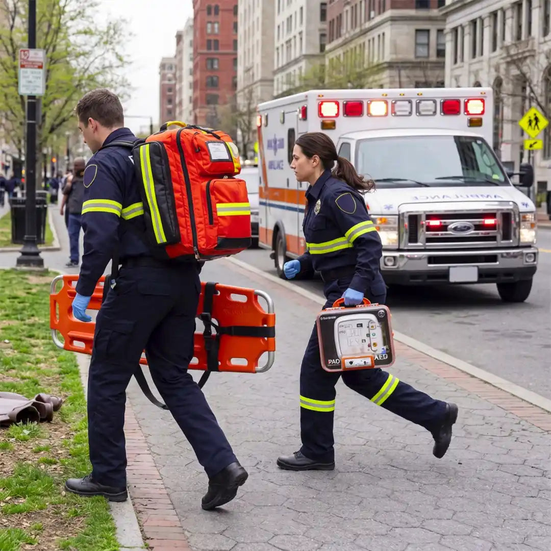 Sanitarios acuden a una intervención de emergencia portando el estuche rígido del iPAD CU-SP1; su diseño permite un traslado seguro y un acceso rápido para retirar los electrodos sin sacar el DEA dortomedical