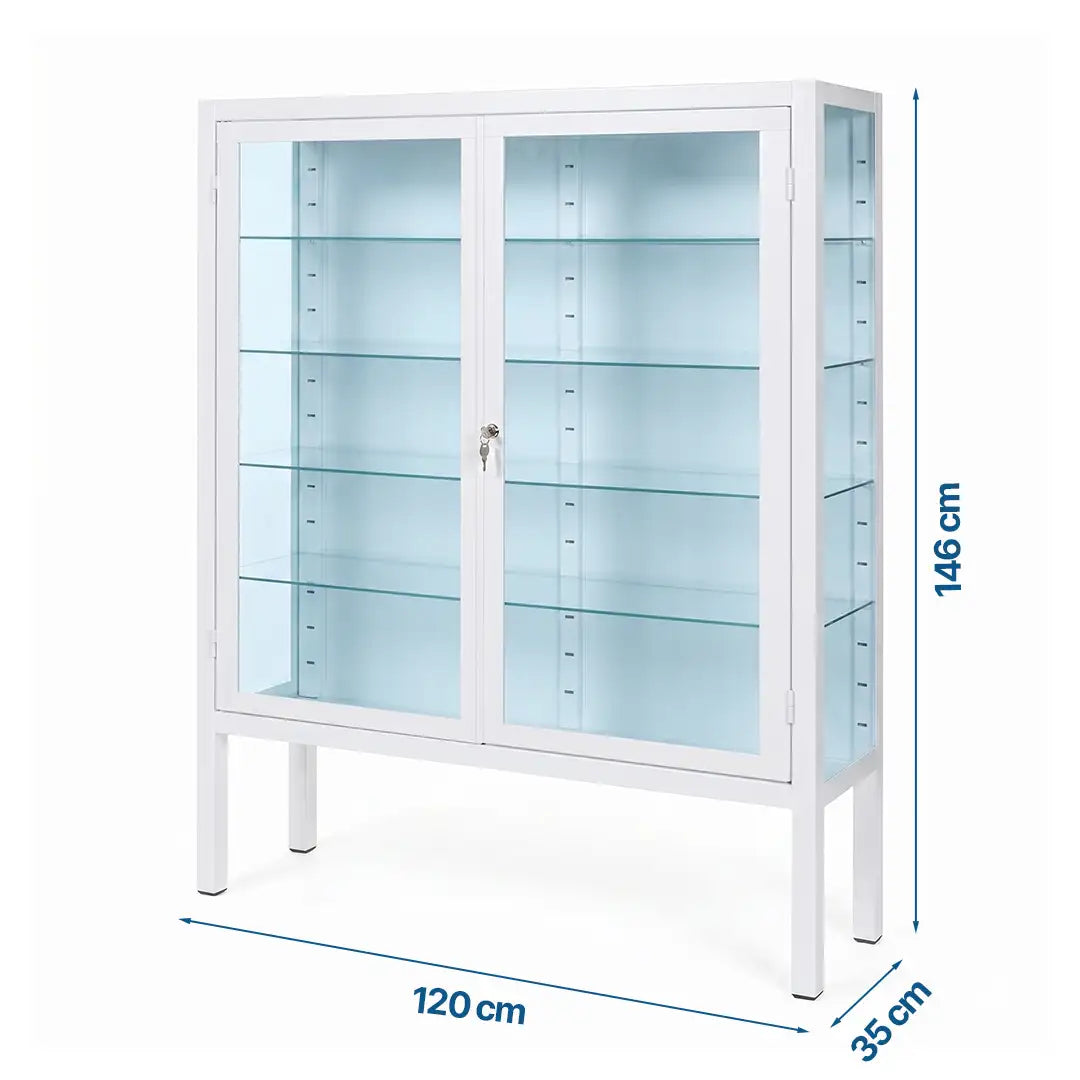 Infografía técnica con las cotas de la vitrina médica grande (120 cm de ancho, 35 cm de fondo y 146 cm de alto) para el aprovechamiento óptimo de paredes en salas clínicas dortomedical