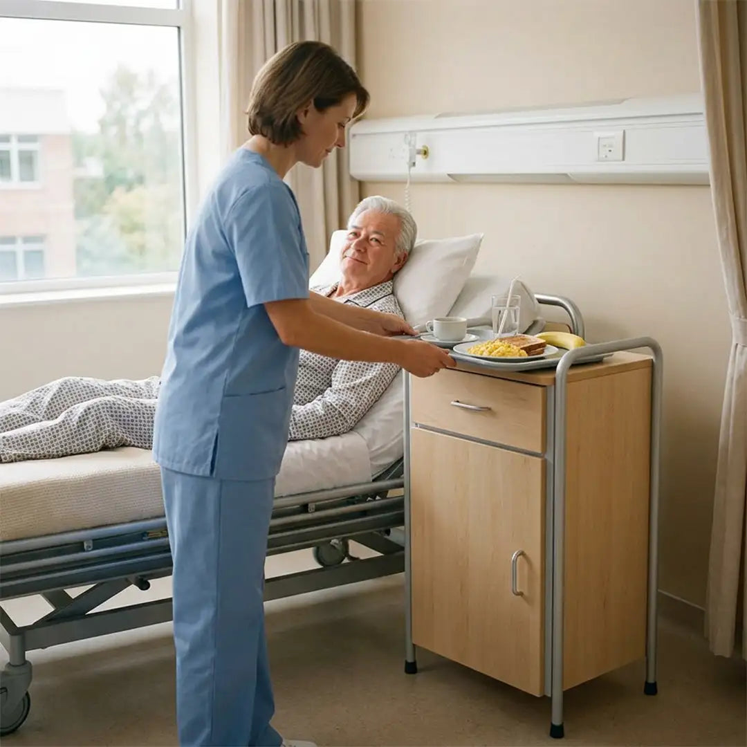 Entorno hospitalario utilizando la mesita de noche auxiliar con dimensiones compactas dortomedical
