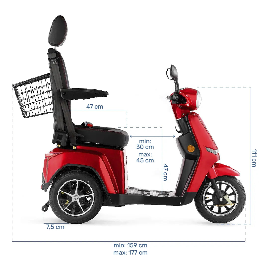 Medidas de la moto eléctrica de 3 ruedas con radio de giro reducido para maniobrar en espacios estrechos de Dortomedical