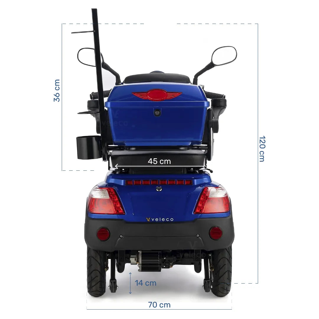 Medidas de la moto de movilidad con suspensión total que absorbe impactos en terrenos irregulares de Dortomedical.