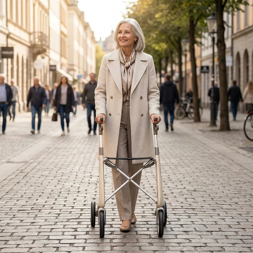 Imagen de señora elegante usando por la calle el andador para personas mayores premium con freno de maneta disponible en 3 tamaños dortomedical