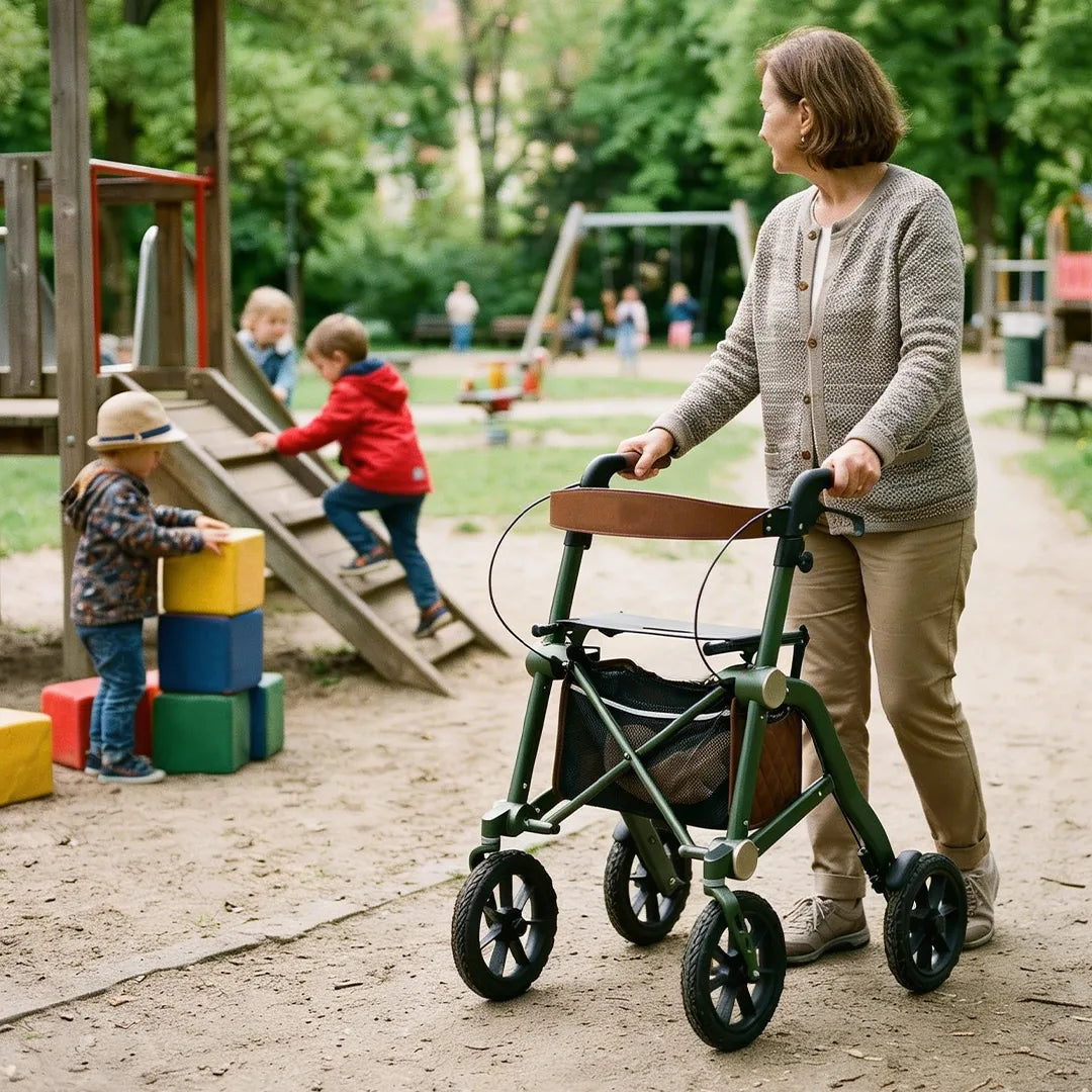 Abuela disfrutando de un paseo en familia con el rollator Trive All Terrain con asiento de cuero PU resistente y de fácil limpieza para usuarios activos dortomedical