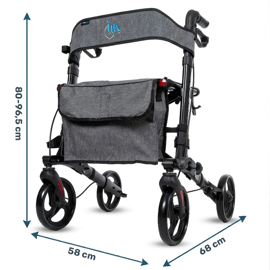 Medidas del Rollator ligero con reflectores de seguridad para ser visto durante paseos nocturnos Dortomedical