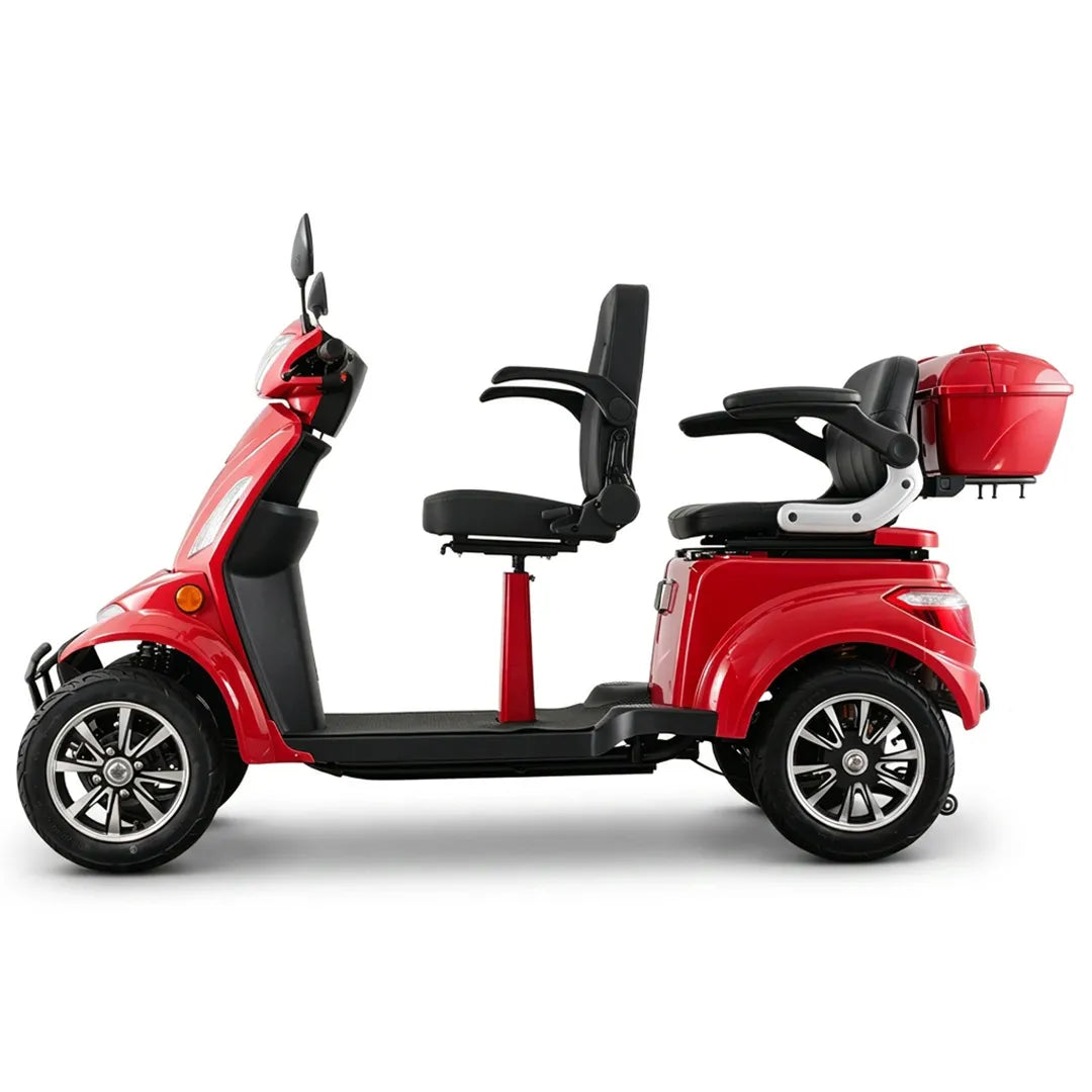 Vista lateral del scooter eléctrico con doble asiento para movilidad y accesibilidad dortomedical