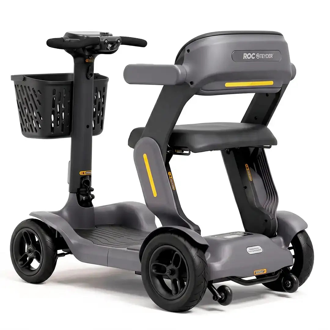 Vista trasera del scooter eléctrico plegable con cesta delantera de 20 litros de capacidad dortomedical