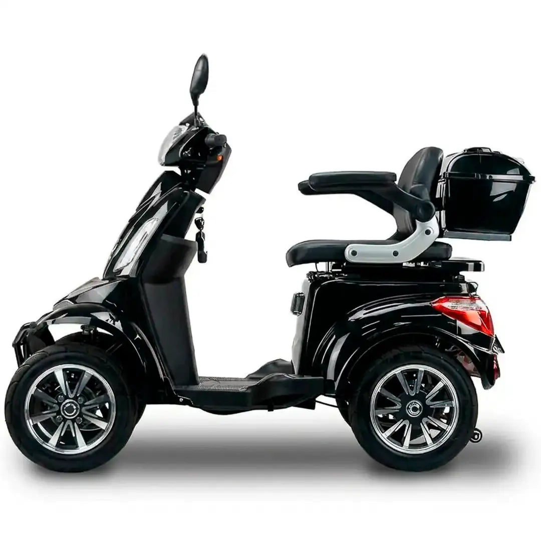 Vista lateral del scooter eléctrico con suspensión hidráulica que amortigua los baches dortomedical