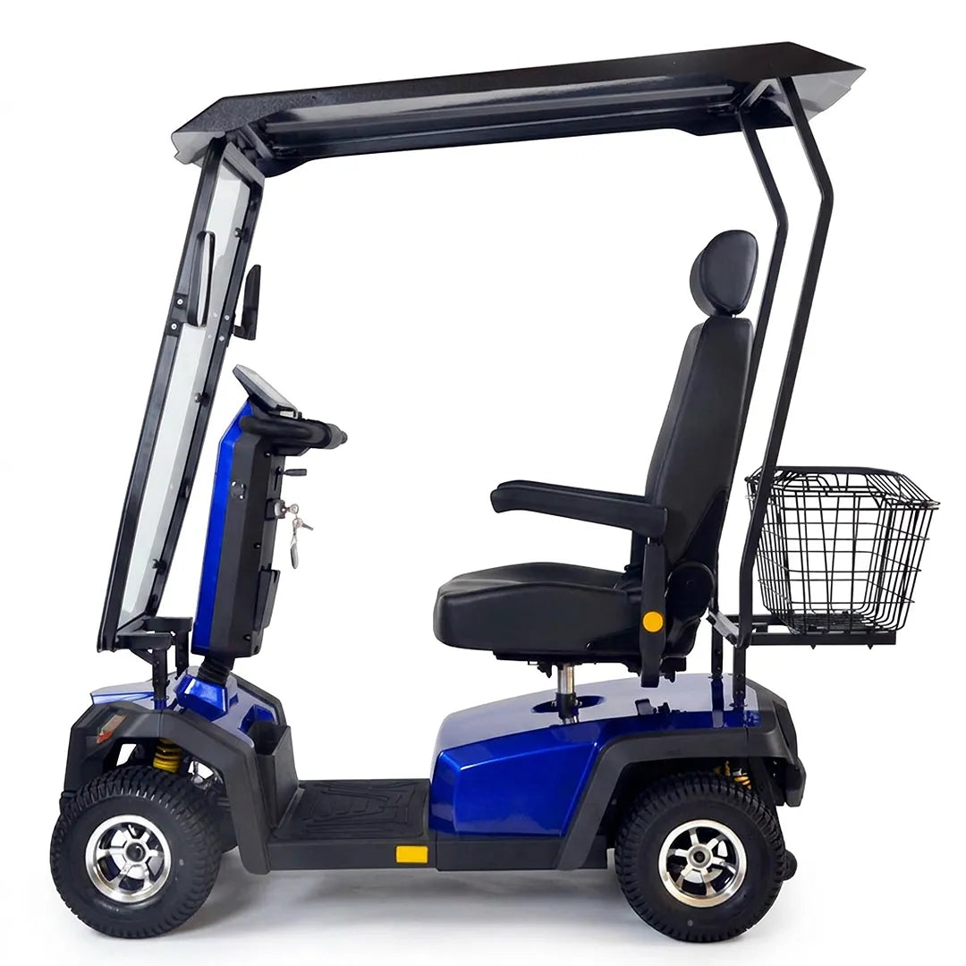 Vista lateral del scooter eléctrico todoterreno con motor de 1400 W que ofrece una conducción potente y estable dortomedical