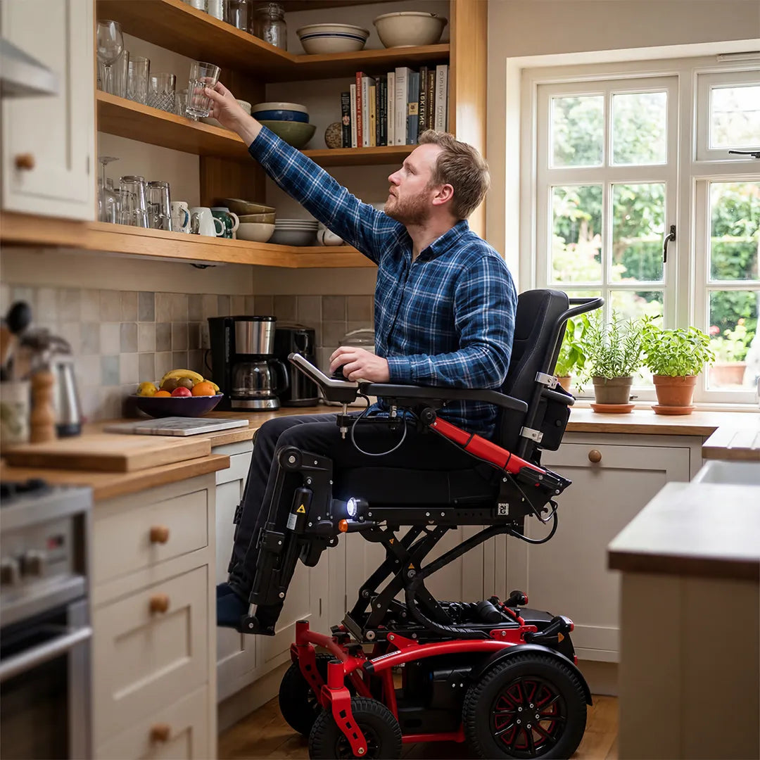 chico joven en la cocina alcanzando un vaso sentado en la silla eléctrica forest 3 con elevación eléctrica y basculación que facilita la accesibilidad para personas discapacitadas dortomedical
