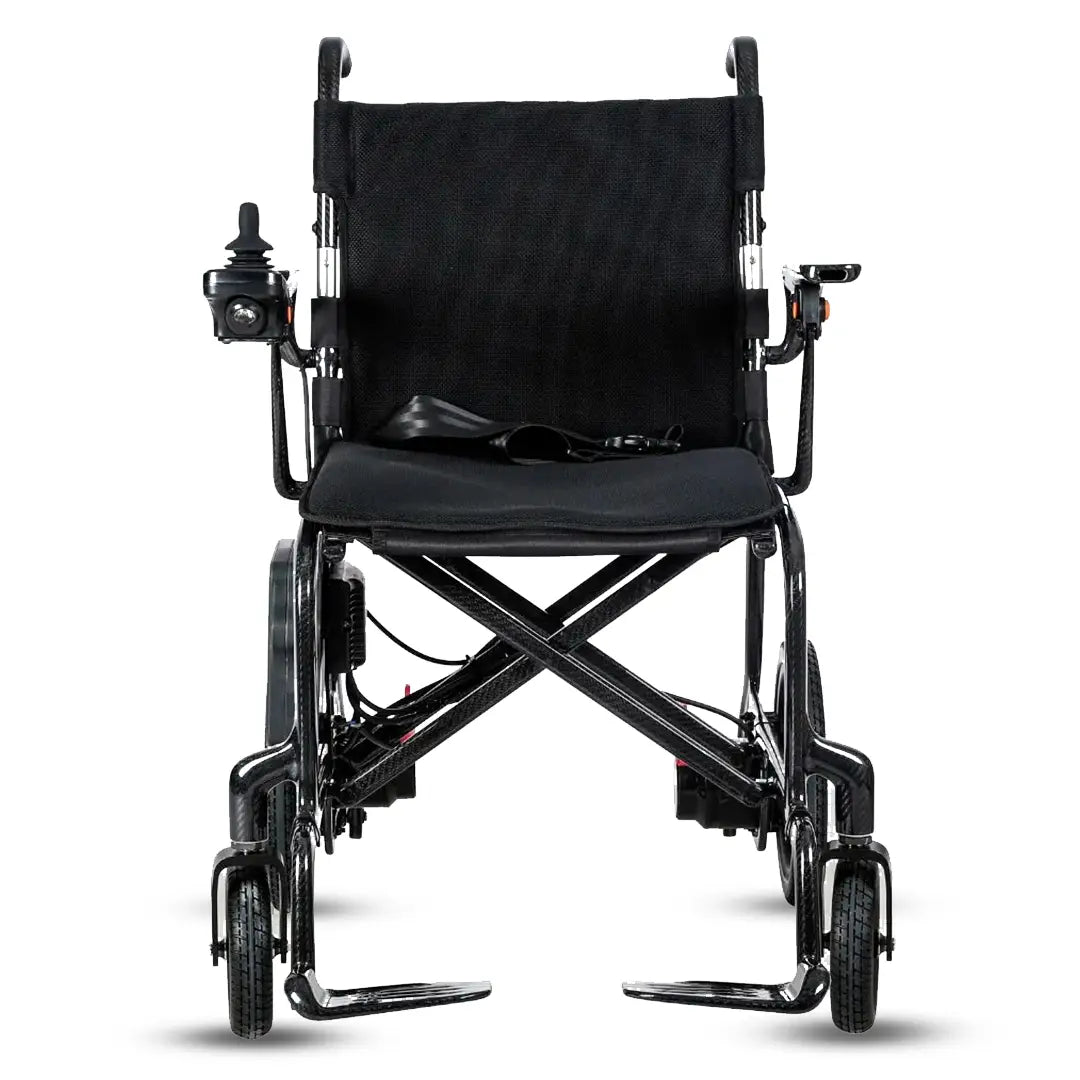 Vista frontal de la silla eléctrica cómoda con cojín de espuma que ofrece confort en el uso diario prolongado dortomedical