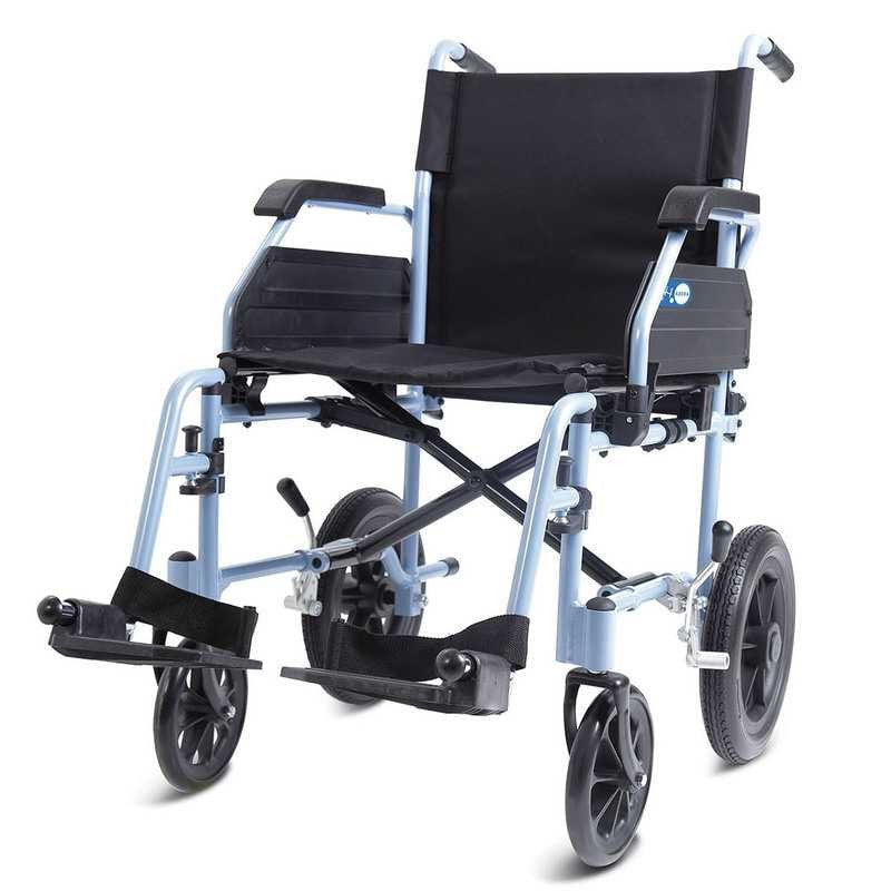 Silla de ruedas manual en aluminio con asiento y respaldo acolchados, reposapiés abatibles y sistema de plegado rápido para el hogar y transporte dortomedical