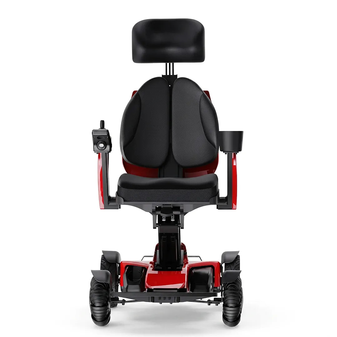 Vista frontal de la silla de ruedas eléctrica con ajuste de altura de asiento manual para una adaptabilidad personalizada según el usuario dortomedical