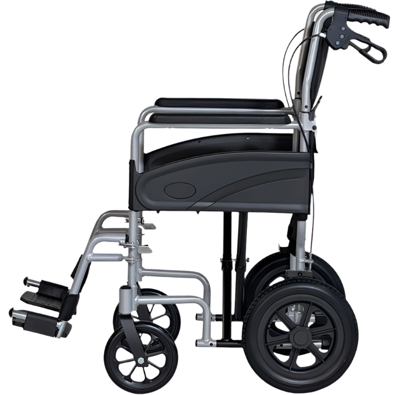 Vista lateral de silla de ruedas de aluminio con distancia asiento-reposapiés ajustable de 36 a 50 cm dortomedical