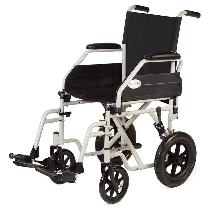 Silla de ruedas manual para traslado en acero con reposapiés y reposabrazos abatibles para facilitar transferencias laterales dortomedical