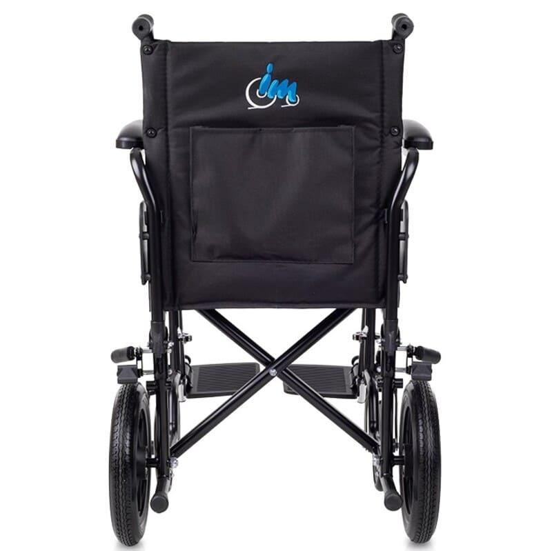 Vista trasera de la silla de traslado para residencias con respaldo de tejido ignífugo de alta seguridad y empuñaduras ergonómicas dortomedical