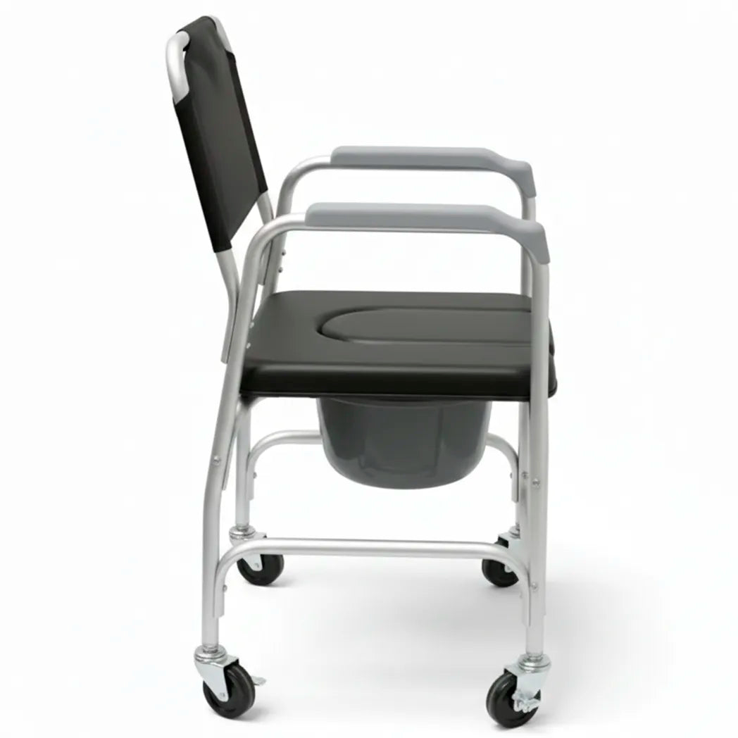 Plano de lado de la silla ducha segura para mayores con freno en las ruedas traseras dortomedical