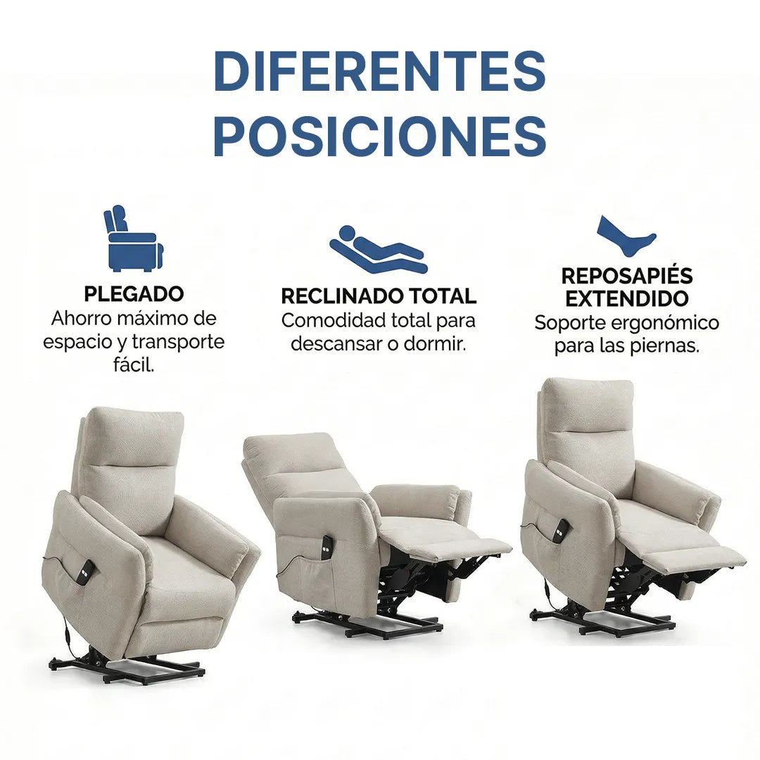 Posiciones del Sillón de incorporación eléctrica con mando intuitivo ideal para personas con movilidad reducida de Dortomedical.