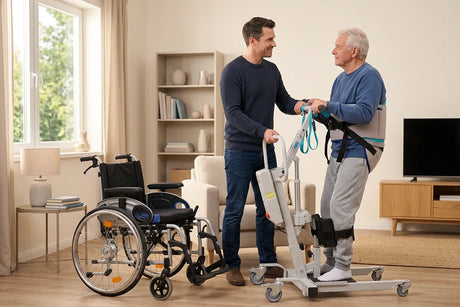 Chico joven traslada a señor mayor en una grúa de bipedestación segura y estable dortomedical