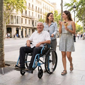 Chicas pasean por la calle mientras una de ellas lleva a su padre en la silla de ruedas de aluminio de peso ligero y de fácil maniobrabilidad dortomedical