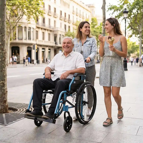 Chicas pasean por la calle mientras una de ellas lleva a su padre en la silla de ruedas de aluminio de peso ligero y de fácil maniobrabilidad dortomedical