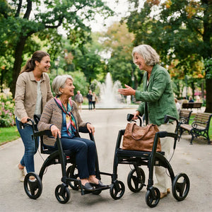 Presentación de ambas opciones para el andador para ancianos ligero con ruedas grandes de 30 cm para caminar con seguridad por la ciudad dortomedical