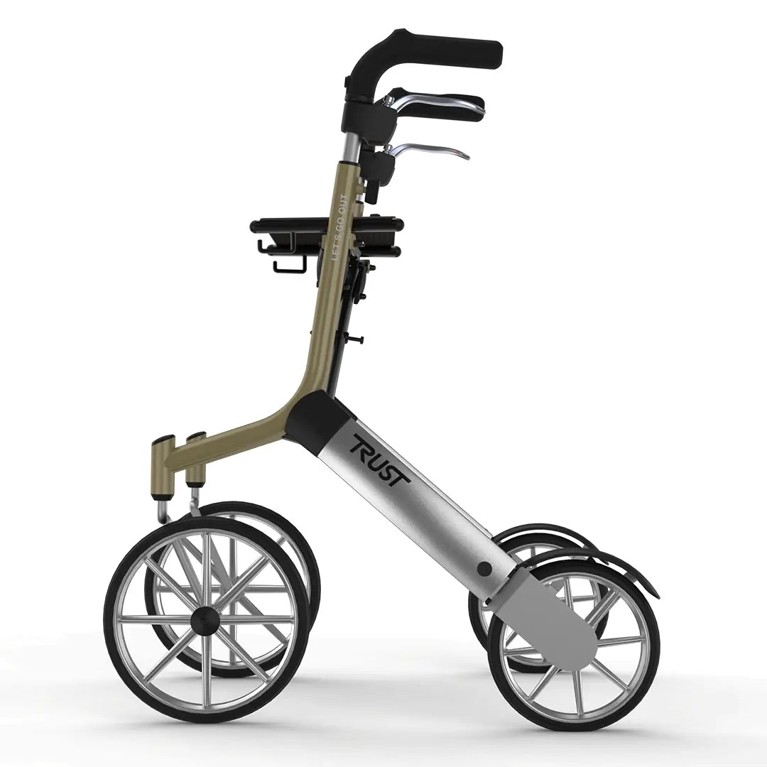 Vista lateral del andador con asiento de polipiel para descansos en el camino impermeable dortomedical