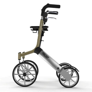 Vista lateral del andador con asiento de polipiel para descansos en el camino impermeable dortomedical