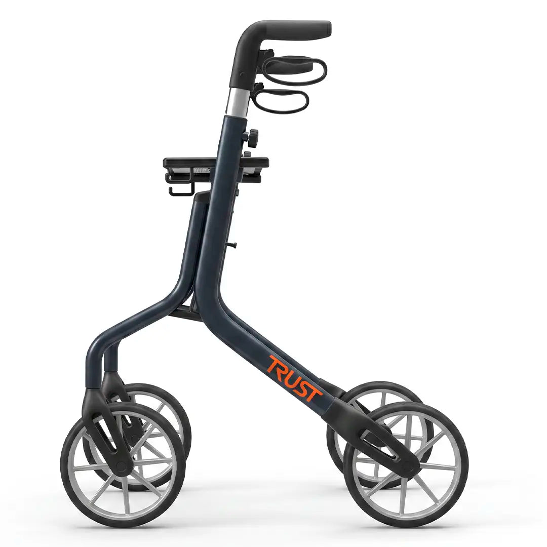 Vista lateral del andador con asiento repelente al agua para una limpieza fácil dortomedical