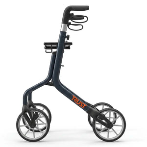 Vista lateral del andador con asiento repelente al agua para una limpieza fácil dortomedical