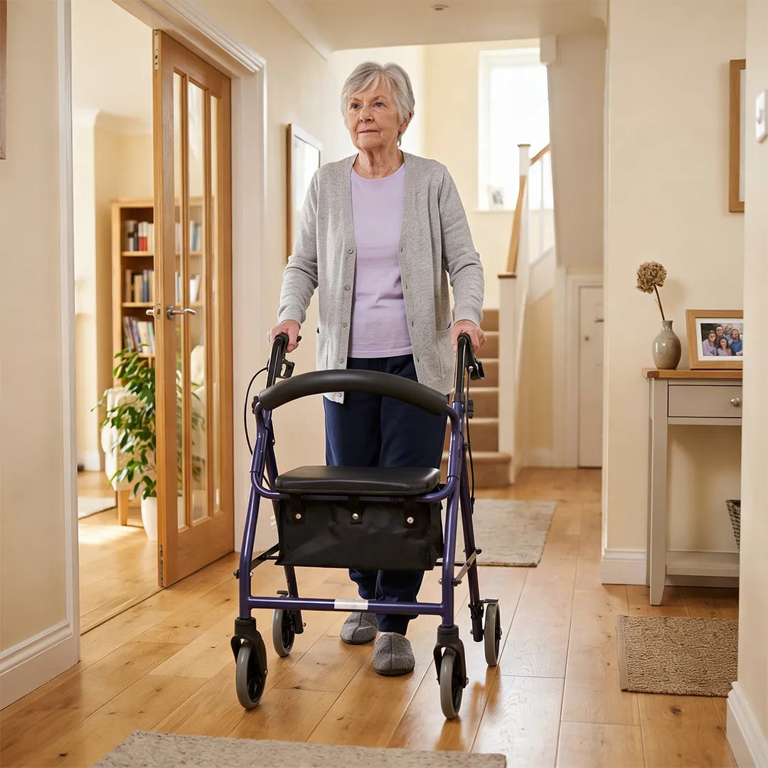 Señora caminando por casa con su andador estrecho para casa de 54 cm de ancho ideal para pasillos y ascensores dortomedical
