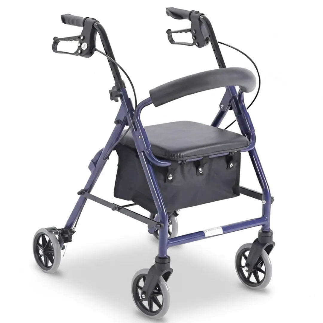 andador con asiento y ruedas grandes que permiten superar bordillos y un manejo sencillo dortomedical