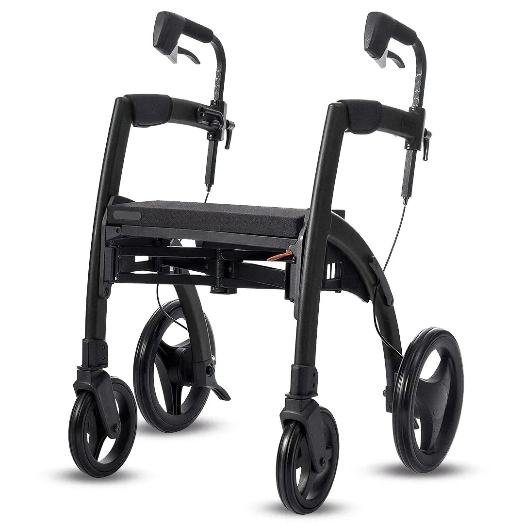 Modelo negro del andador plegable compacto de 31 cm de ancho ideal para guardar en el coche o viajar en avión dortomedical