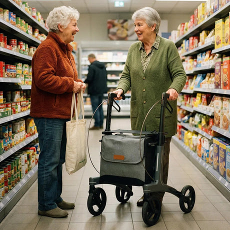Señora comprando con andador premium compatible con bandeja para transportar objetos de forma segura dentro de casa de Dortomedical.