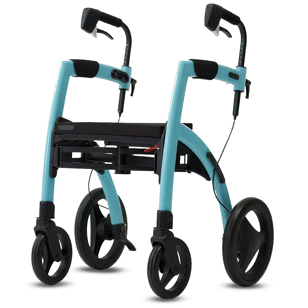 Modelo azul del andador todoterreno urbano con ruedas de goma que facilitan la superación de bordillos dortomedical