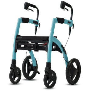 Modelo azul del andador todoterreno urbano con ruedas de goma que facilitan la superación de bordillos dortomedical