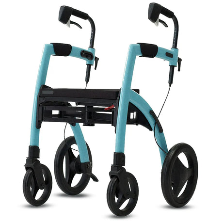 Modelo azul del andador todoterreno urbano con ruedas de goma que facilitan la superación de bordillos dortomedical