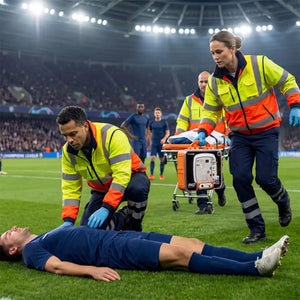 Dos sanitarios atienden de urgencia a un futbolista inconsciente tendido en el terreno de juego, utilizando el estuche rígido del desfibrilador iPAD CU-SP1 para una reanimación cardiopulmonar rápida dortomedical