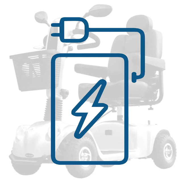 Icono de batería sobre imagen de scooter eléctrico grand classe de libercar dortomedical