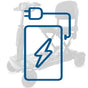 Vista de icono de batería de litio sobre imagen de scooter eléctrico plegable para personas mayores dortomedical
