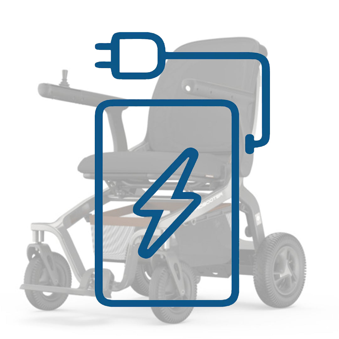 vista de icono de batería sobre imagen sombreada de la silla eléctrica inteligente y moderna dortomedical