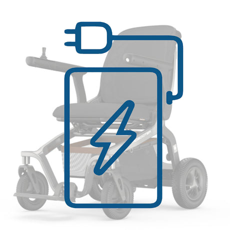 vista de icono de batería sobre imagen sombreada de la silla eléctrica inteligente y moderna dortomedical