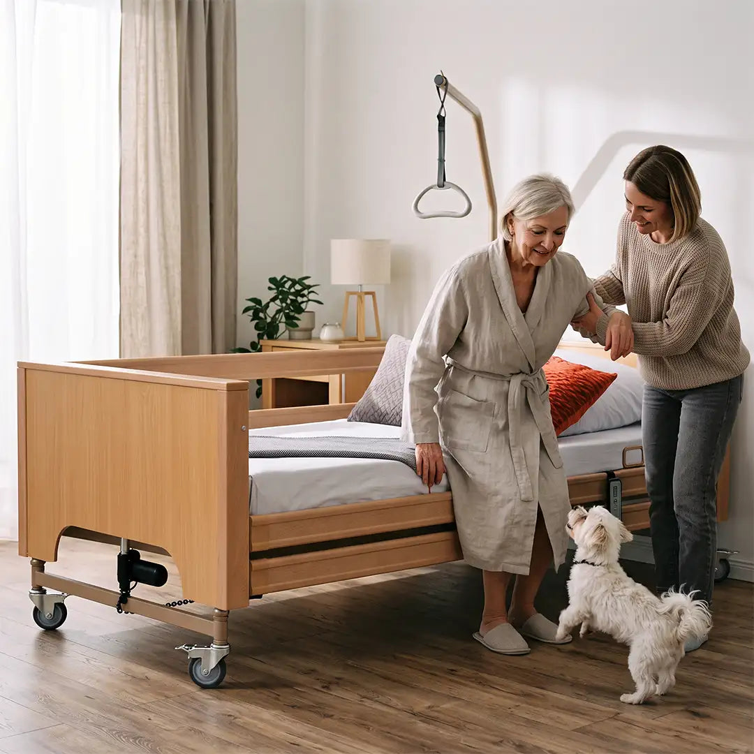 Usuaria utilizando la cama articulada con elevación eléctrica que tiene cuatro planos para ofrecer una postura ergonómica al usuario dortomedical